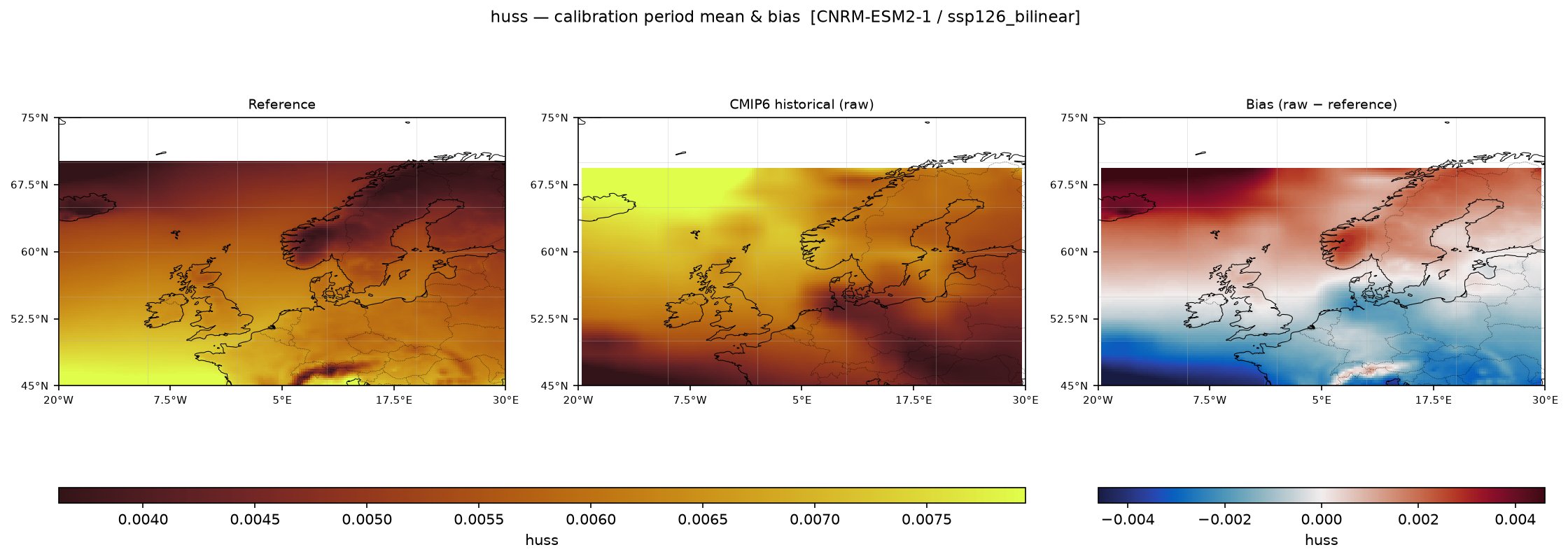 Calibration maps (historical period) — SSP1-2.6 — Low emissions, bilinear interpolation