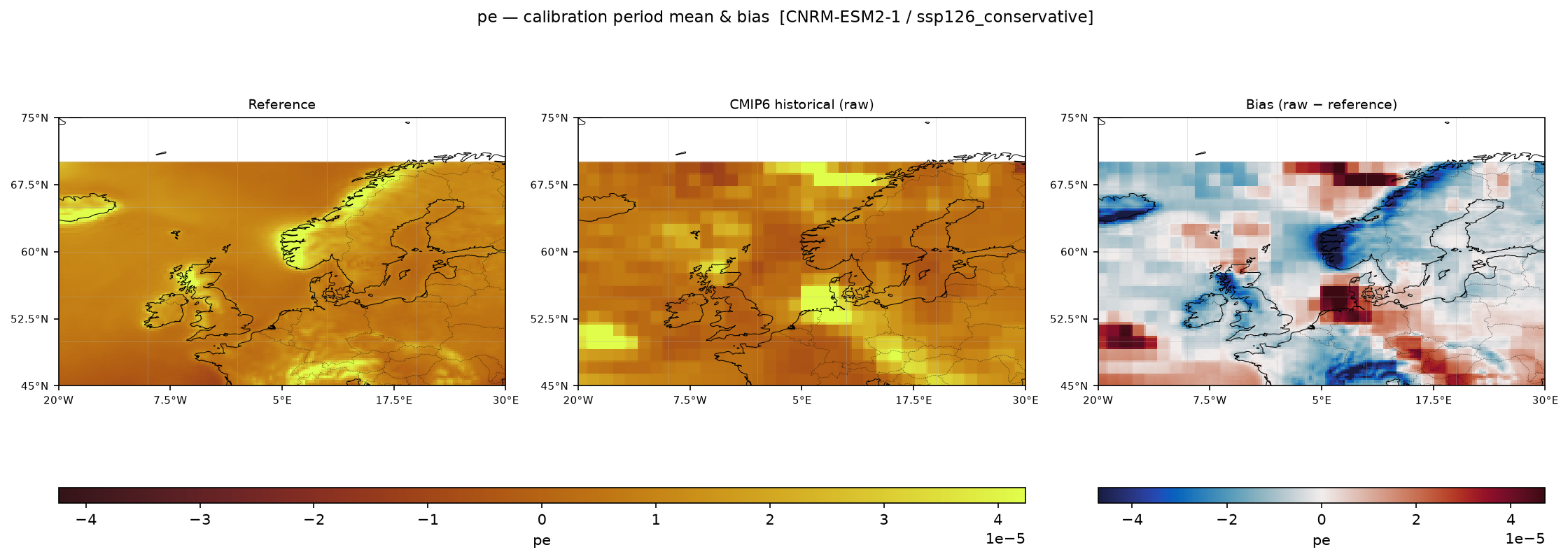 Calibration maps (historical period) — SSP1-2.6 — Low emissions, conservative