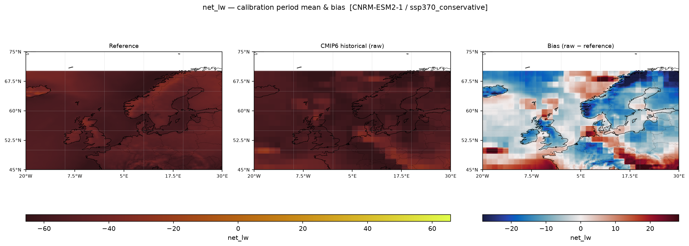 Calibration maps (historical period) — SSP3-7.0 — High emissions, conservative