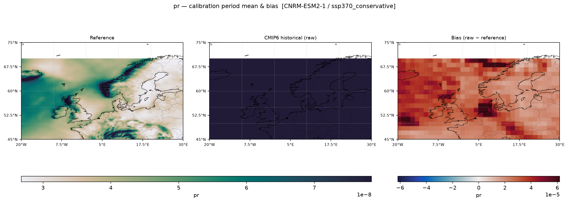 Calibration maps (historical period) — SSP3-7.0 — High emissions, conservative