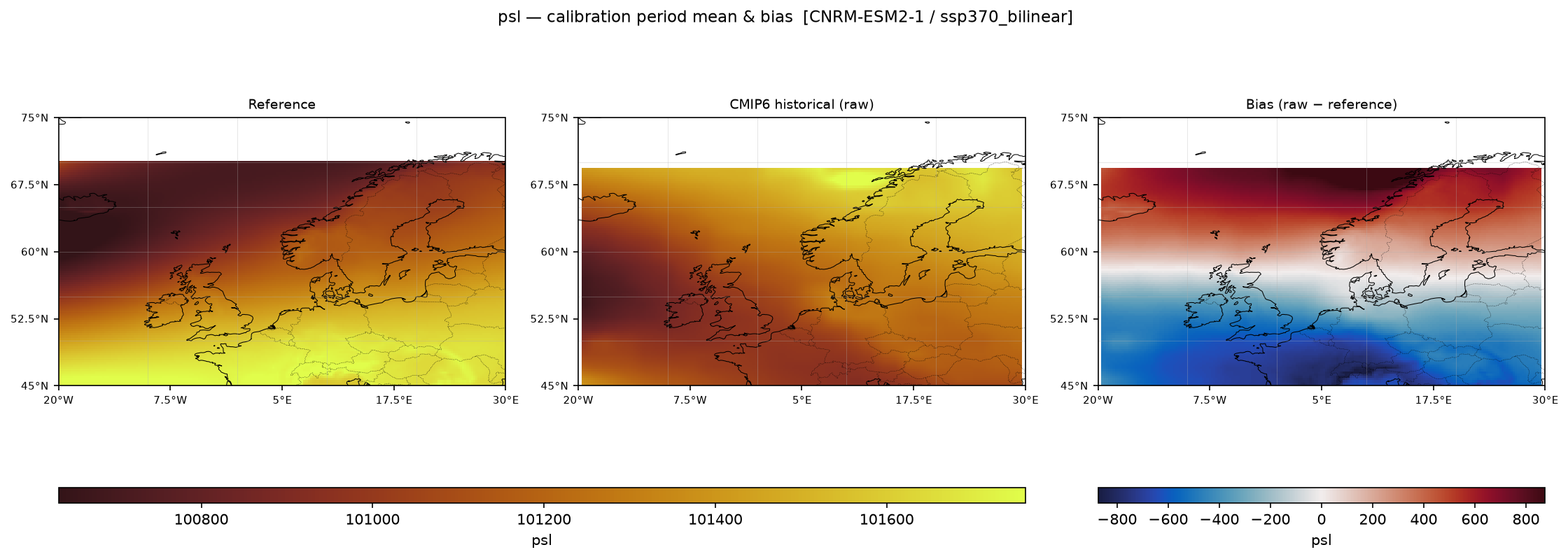 Calibration maps (historical period) — SSP3-7.0 — High emissions, bilinear interpolation