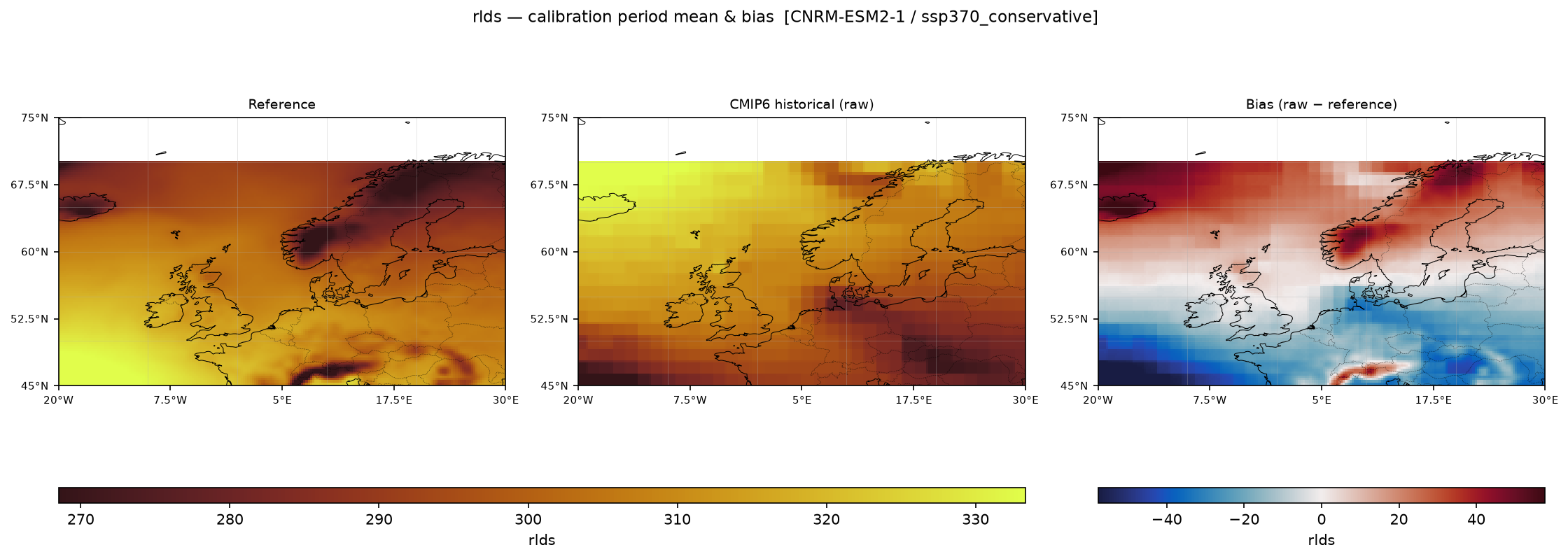 Calibration maps (historical period) — SSP3-7.0 — High emissions, conservative