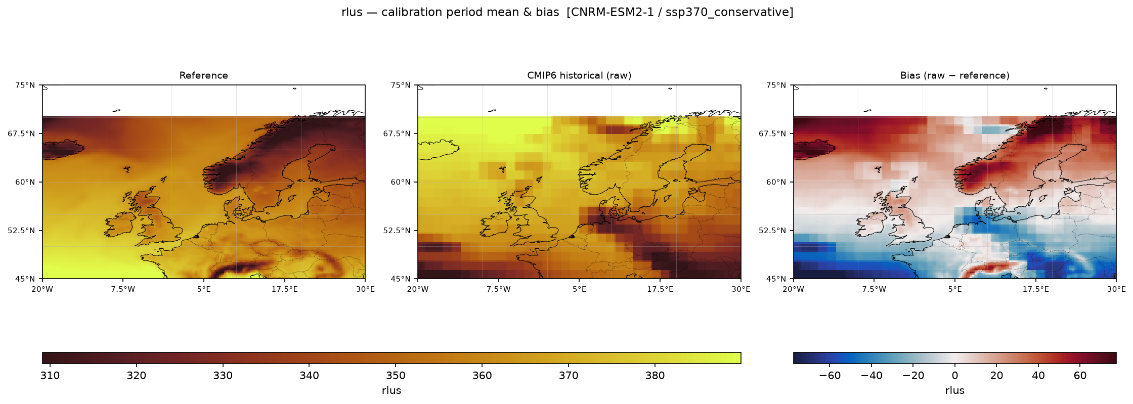 Calibration maps (historical period) — SSP3-7.0 — High emissions, conservative