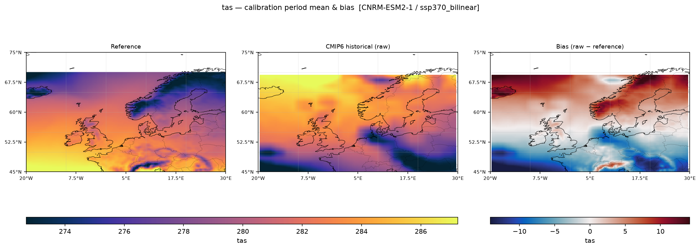 Calibration maps (historical period) — SSP3-7.0 — High emissions, bilinear interpolation