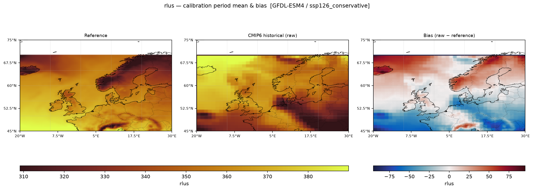 Calibration maps (historical period) — SSP1-2.6 — Low emissions, conservative