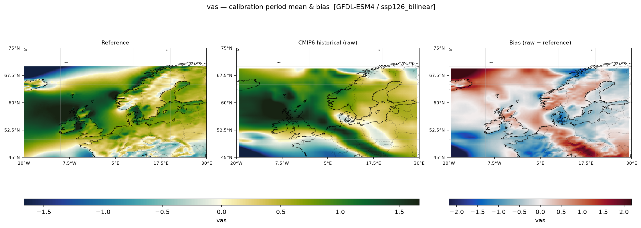 Calibration maps (historical period) — SSP1-2.6 — Low emissions, bilinear interpolation