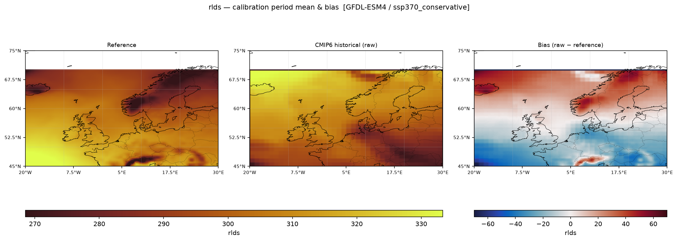 Calibration maps (historical period) — SSP3-7.0 — High emissions, conservative