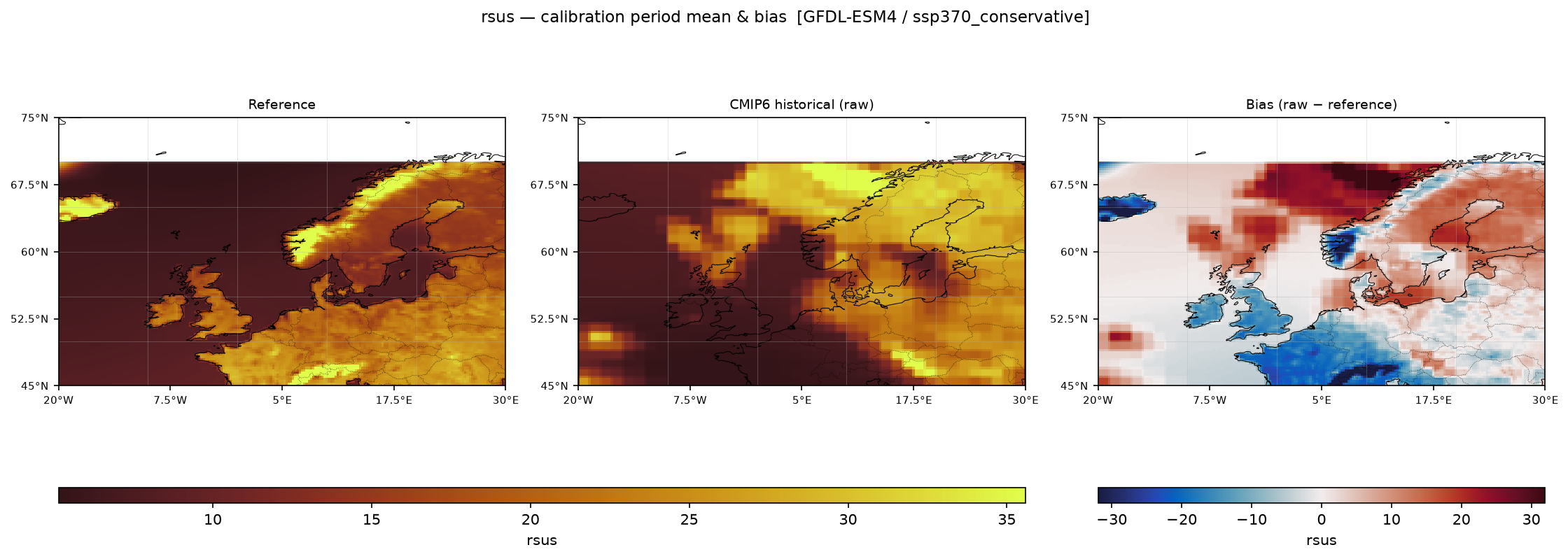 Calibration maps (historical period) — SSP3-7.0 — High emissions, conservative