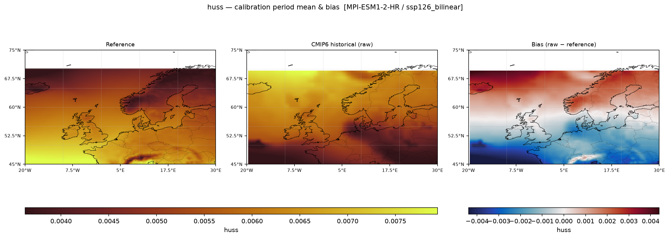 Calibration maps (historical period) — SSP1-2.6 — Low emissions, bilinear interpolation