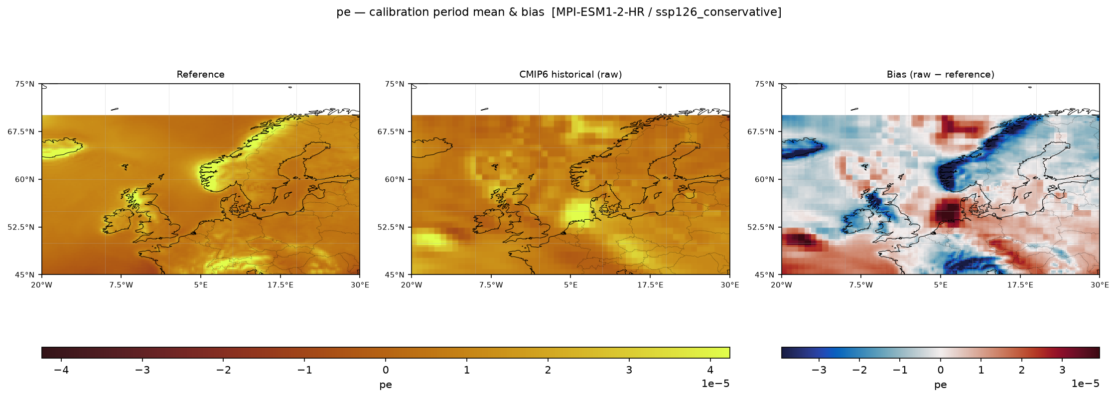 Calibration maps (historical period) — SSP1-2.6 — Low emissions, conservative