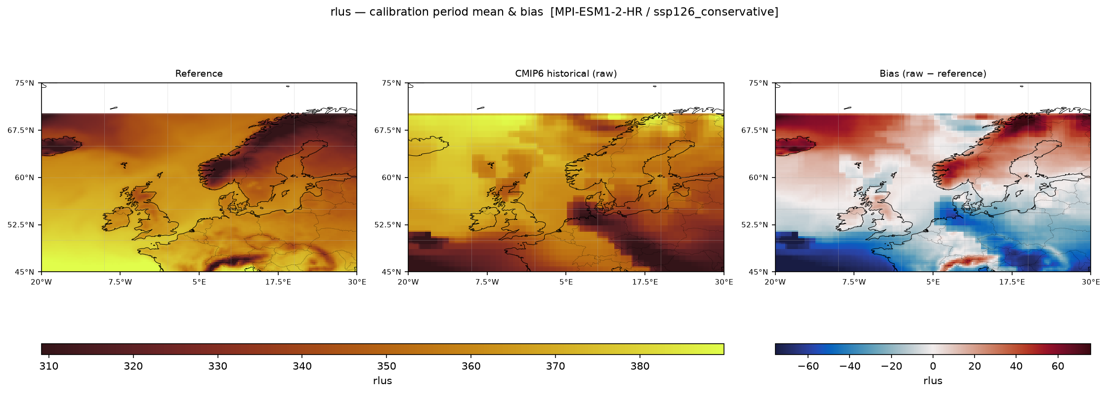 Calibration maps (historical period) — SSP1-2.6 — Low emissions, conservative