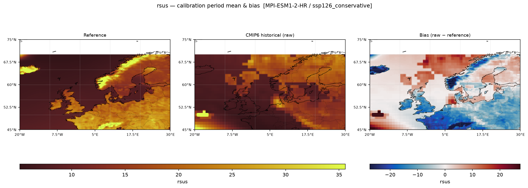Calibration maps (historical period) — SSP1-2.6 — Low emissions, conservative