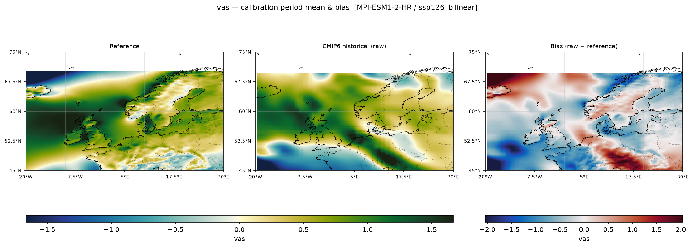Calibration maps (historical period) — SSP1-2.6 — Low emissions, bilinear interpolation