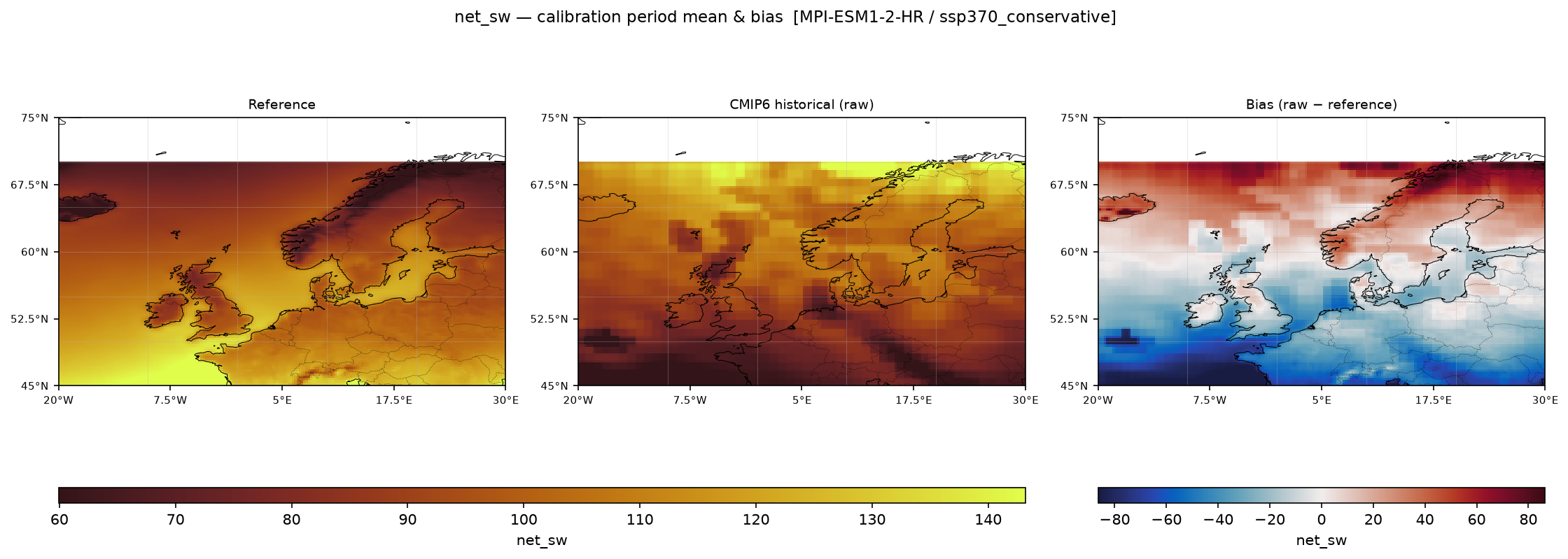 Calibration maps (historical period) — SSP3-7.0 — High emissions, conservative