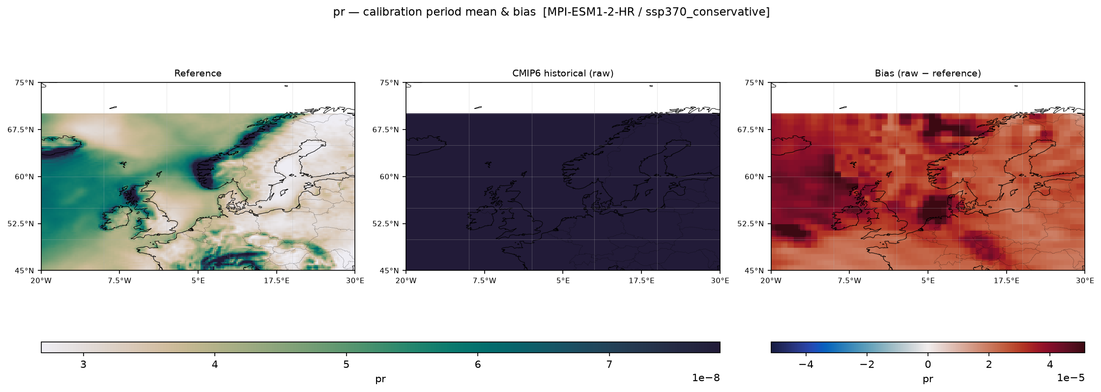 Calibration maps (historical period) — SSP3-7.0 — High emissions, conservative