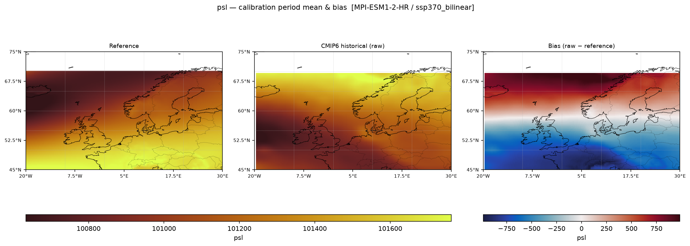 Calibration maps (historical period) — SSP3-7.0 — High emissions, bilinear interpolation