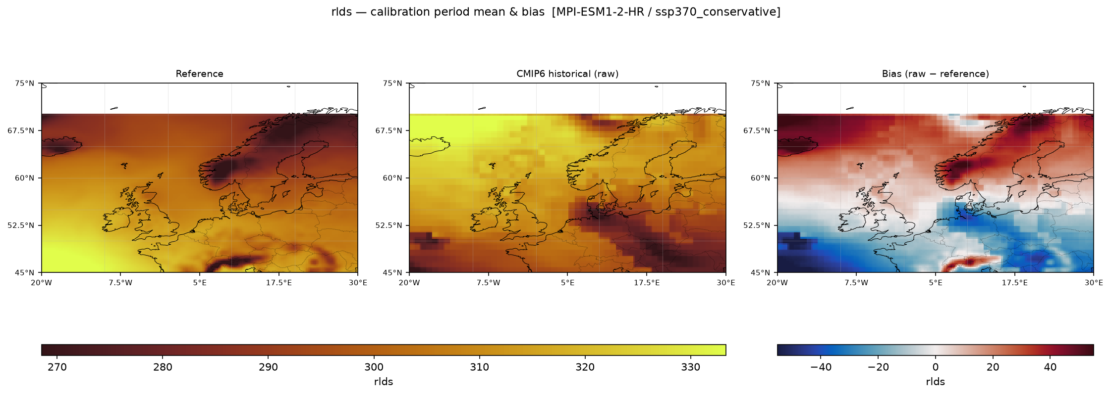 Calibration maps (historical period) — SSP3-7.0 — High emissions, conservative