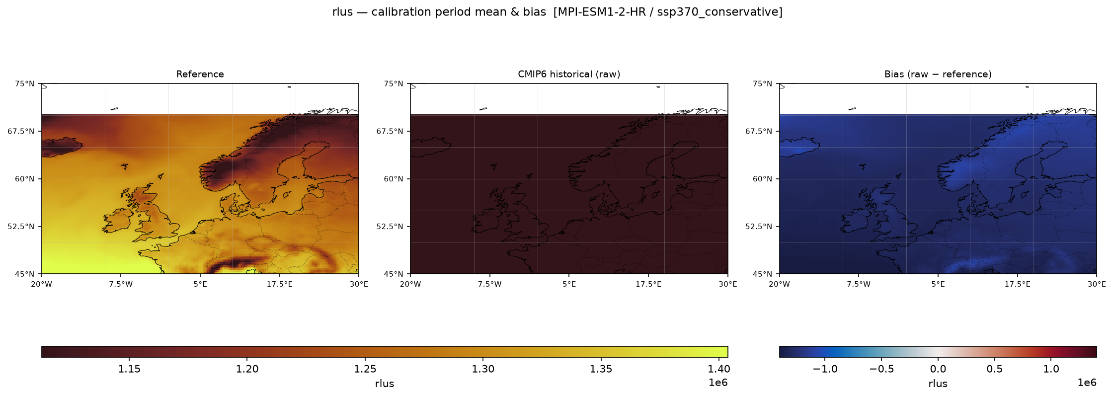 Calibration maps (historical period) — SSP3-7.0 — High emissions, conservative