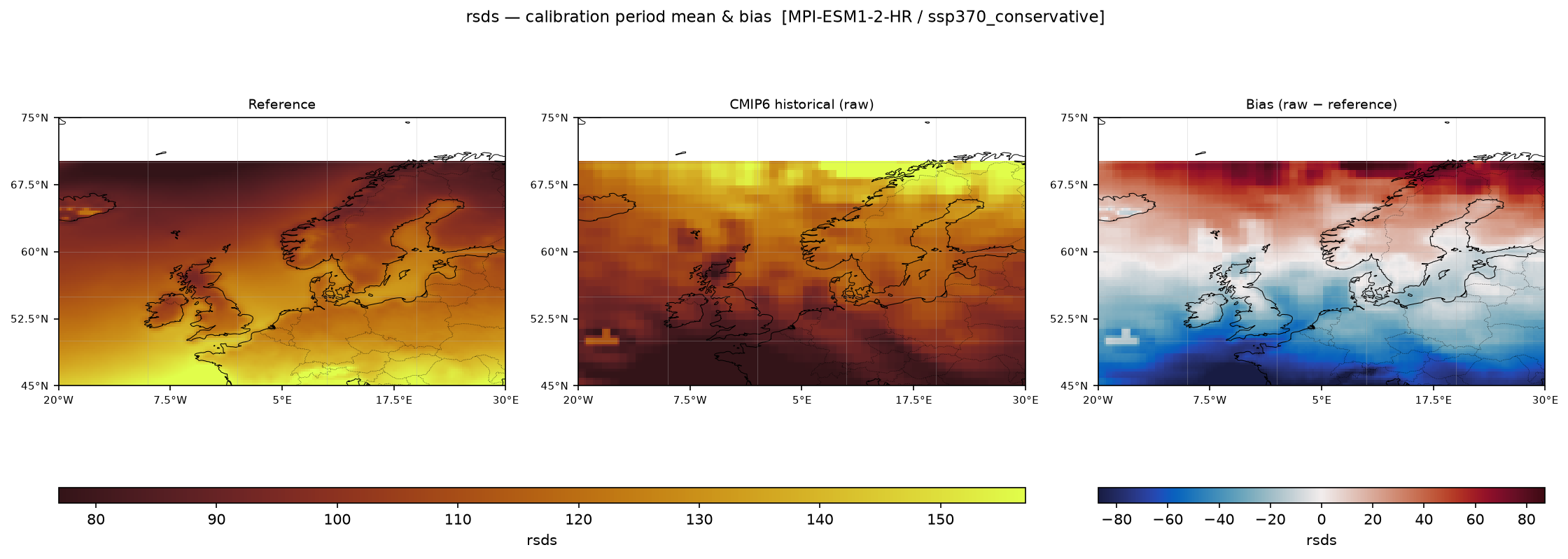 Calibration maps (historical period) — SSP3-7.0 — High emissions, conservative