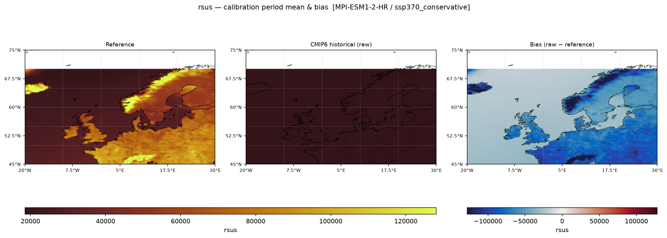 Calibration maps (historical period) — SSP3-7.0 — High emissions, conservative