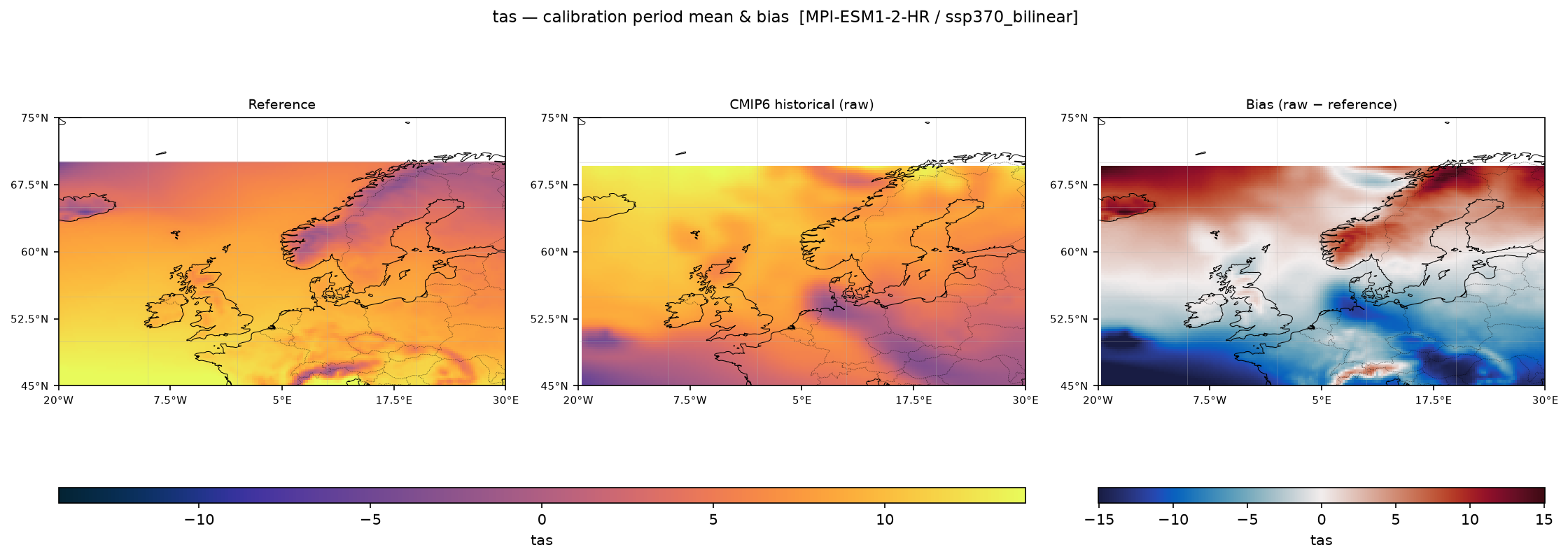 Calibration maps (historical period) — SSP3-7.0 — High emissions, bilinear interpolation