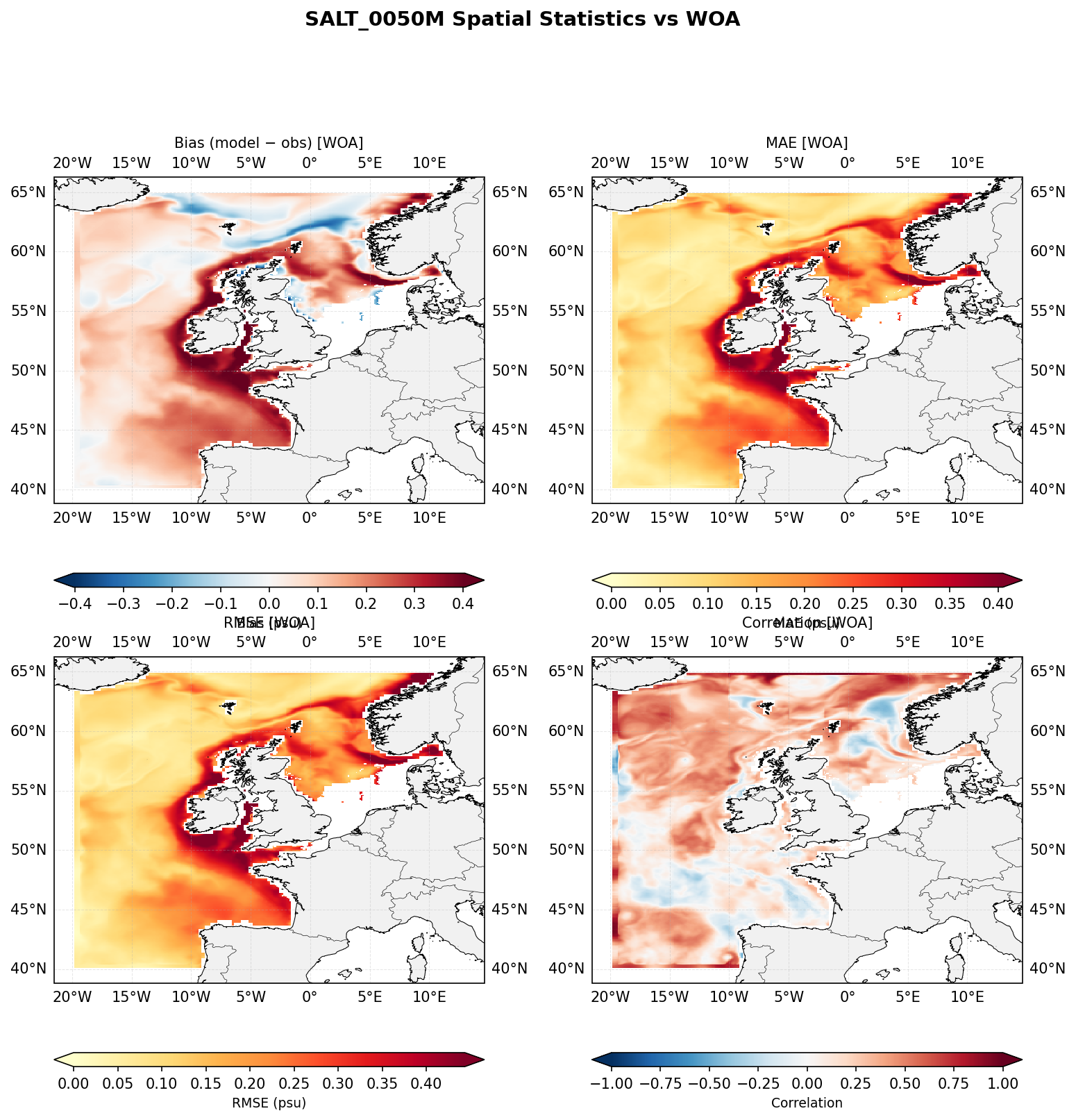 Salinity at 50 m depth — spatial distribution of statistics