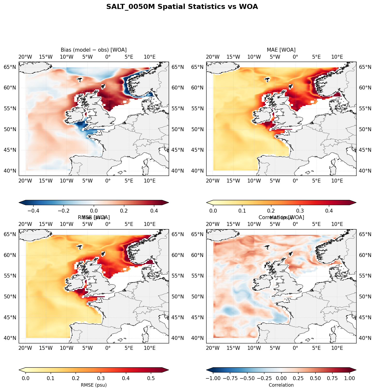 Salinity at 50 m depth — spatial distribution of statistics
