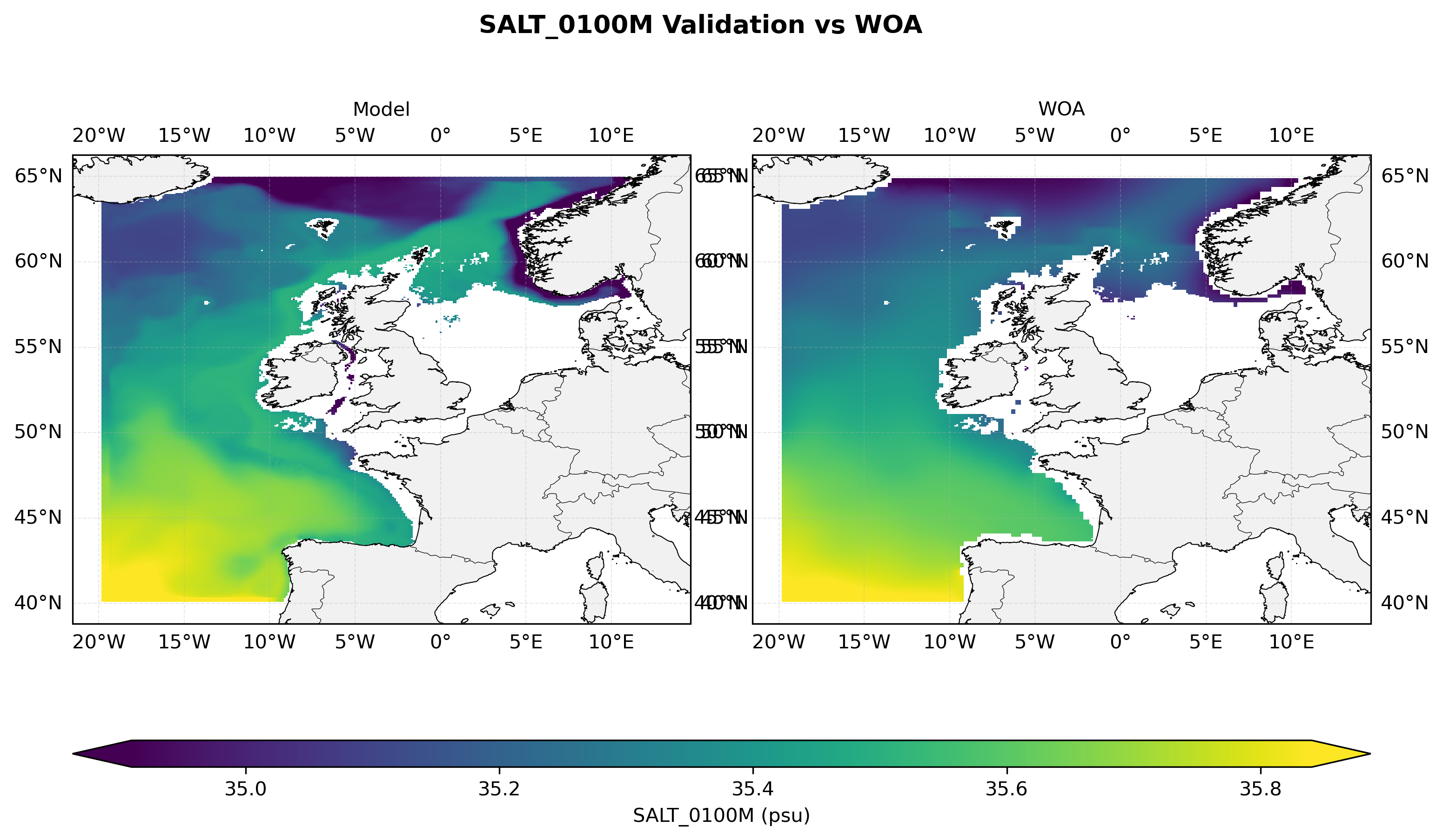 Salinity at 100 m depth — model vs observations comparison