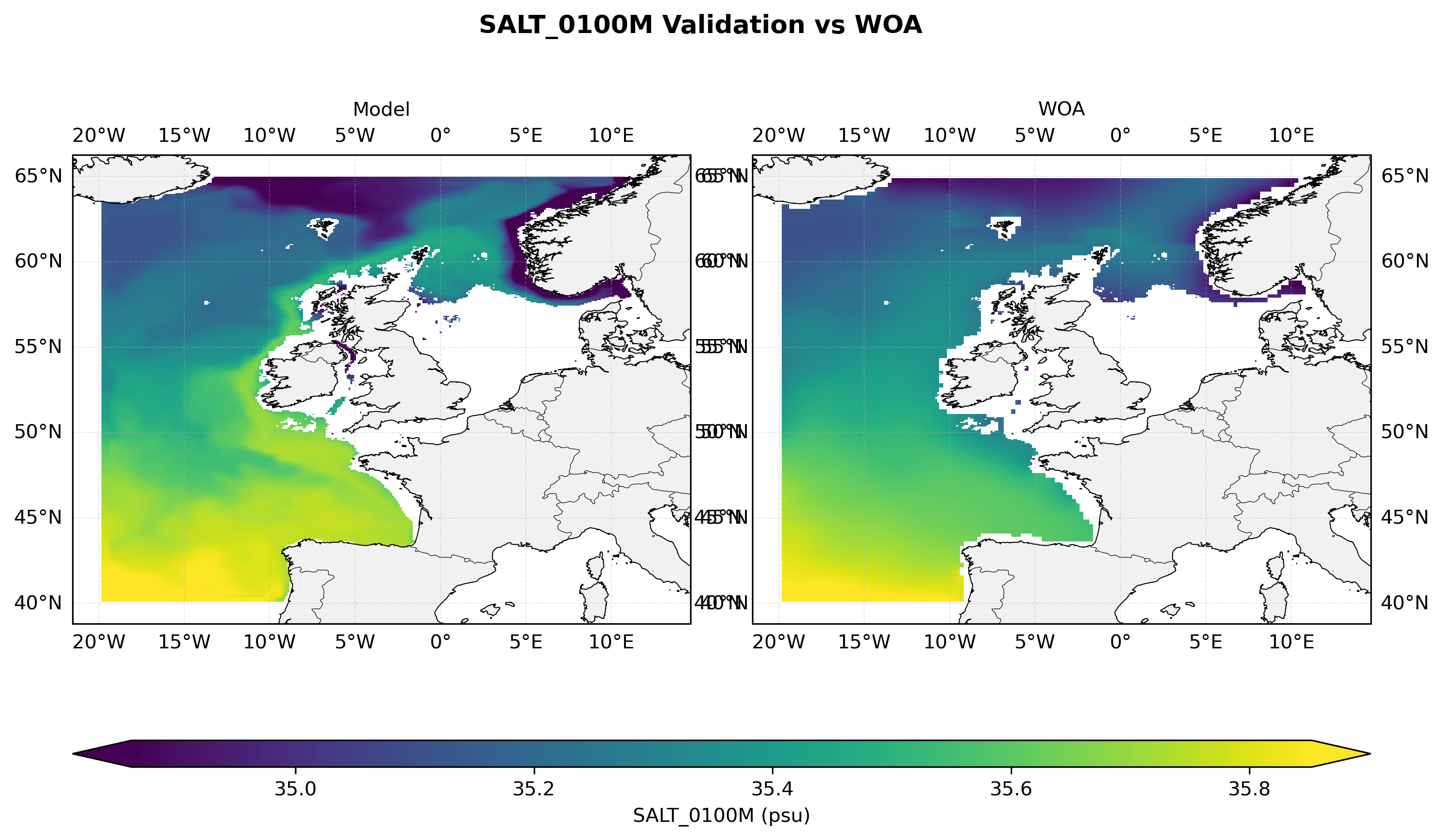 Salinity at 100 m depth — model vs observations comparison