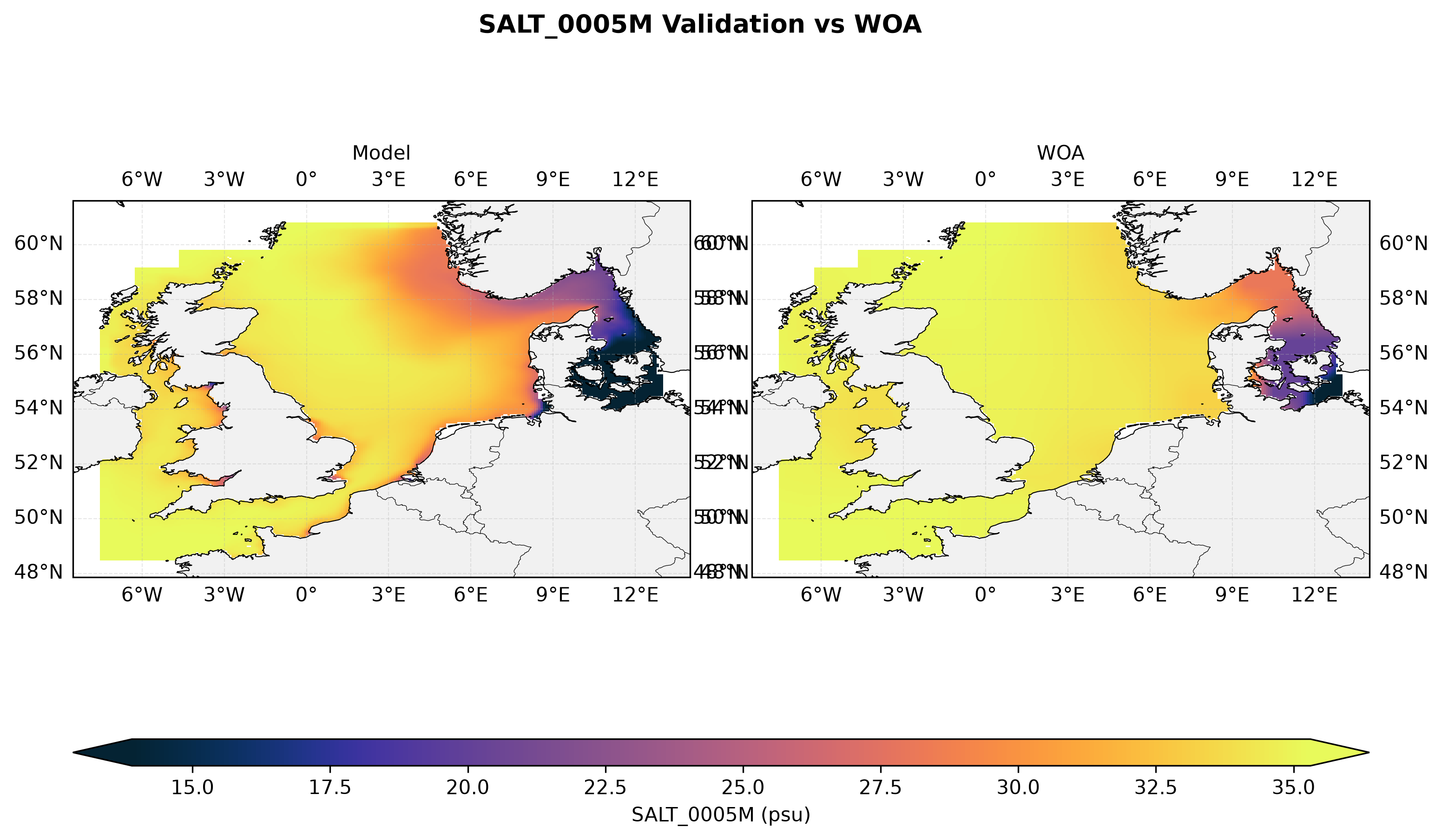 Salinity at 5 m depth — model vs observations comparison