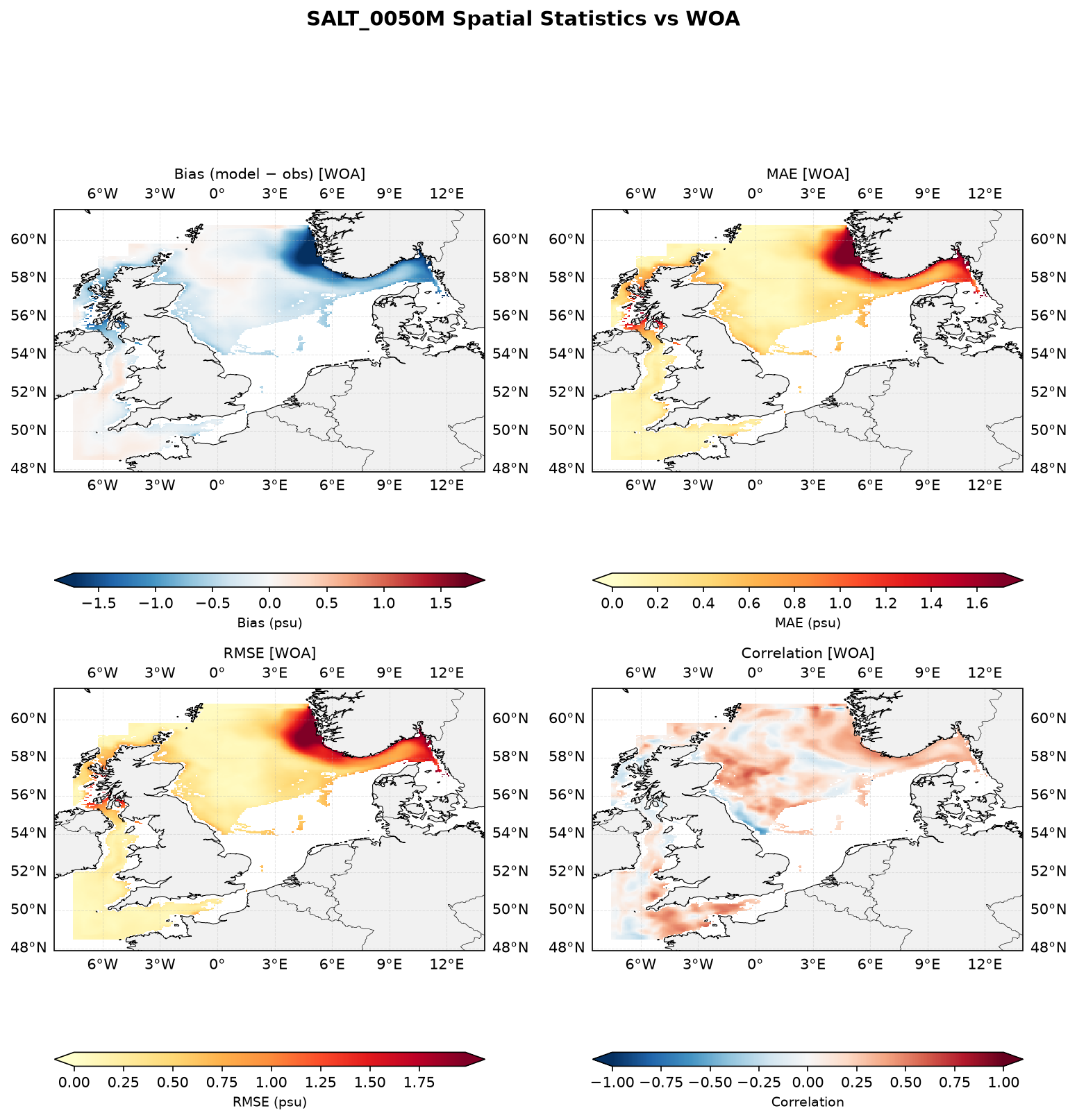 Salinity at 50 m depth — spatial distribution of statistics