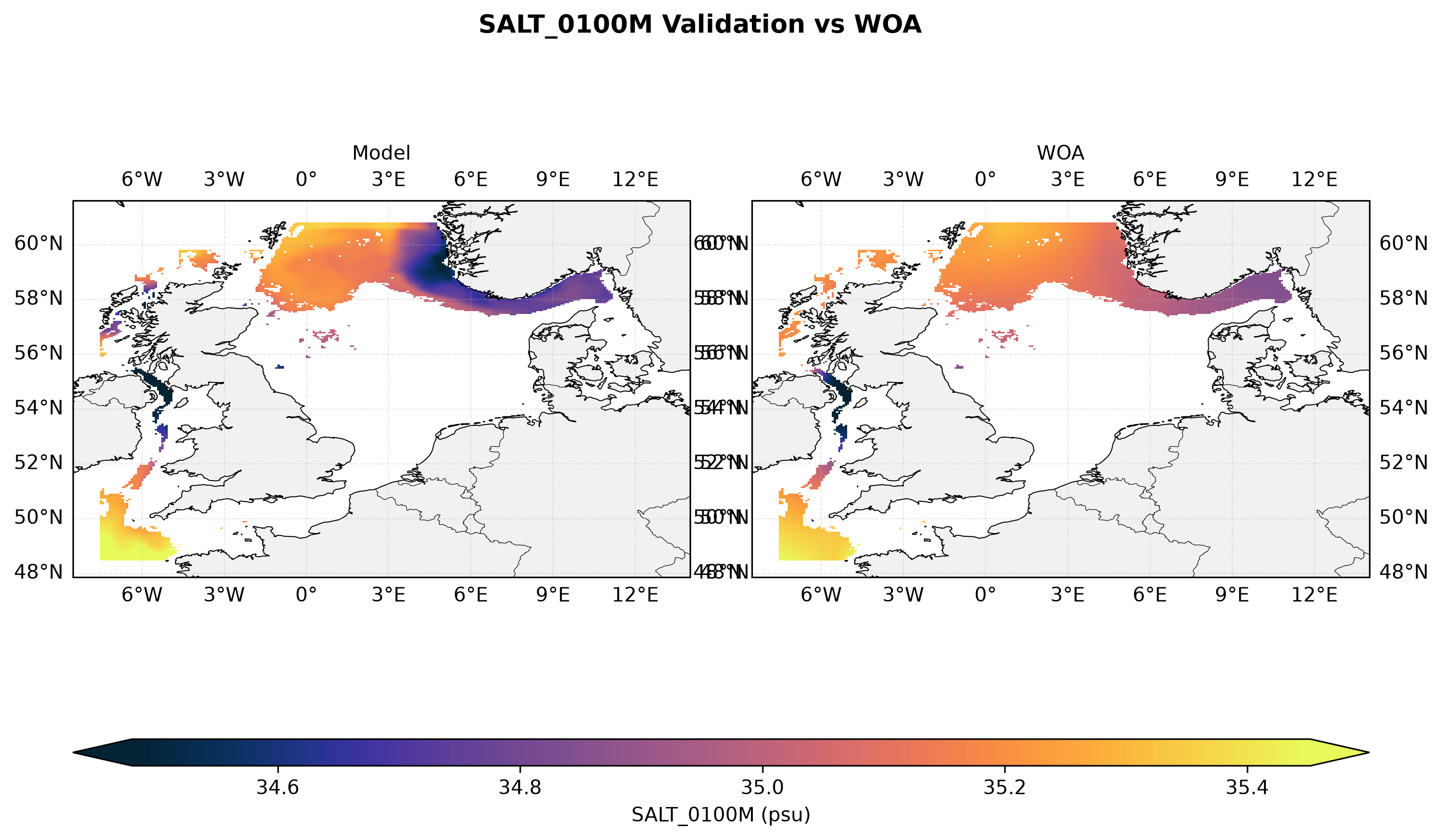 Salinity at 100 m depth — model vs observations comparison