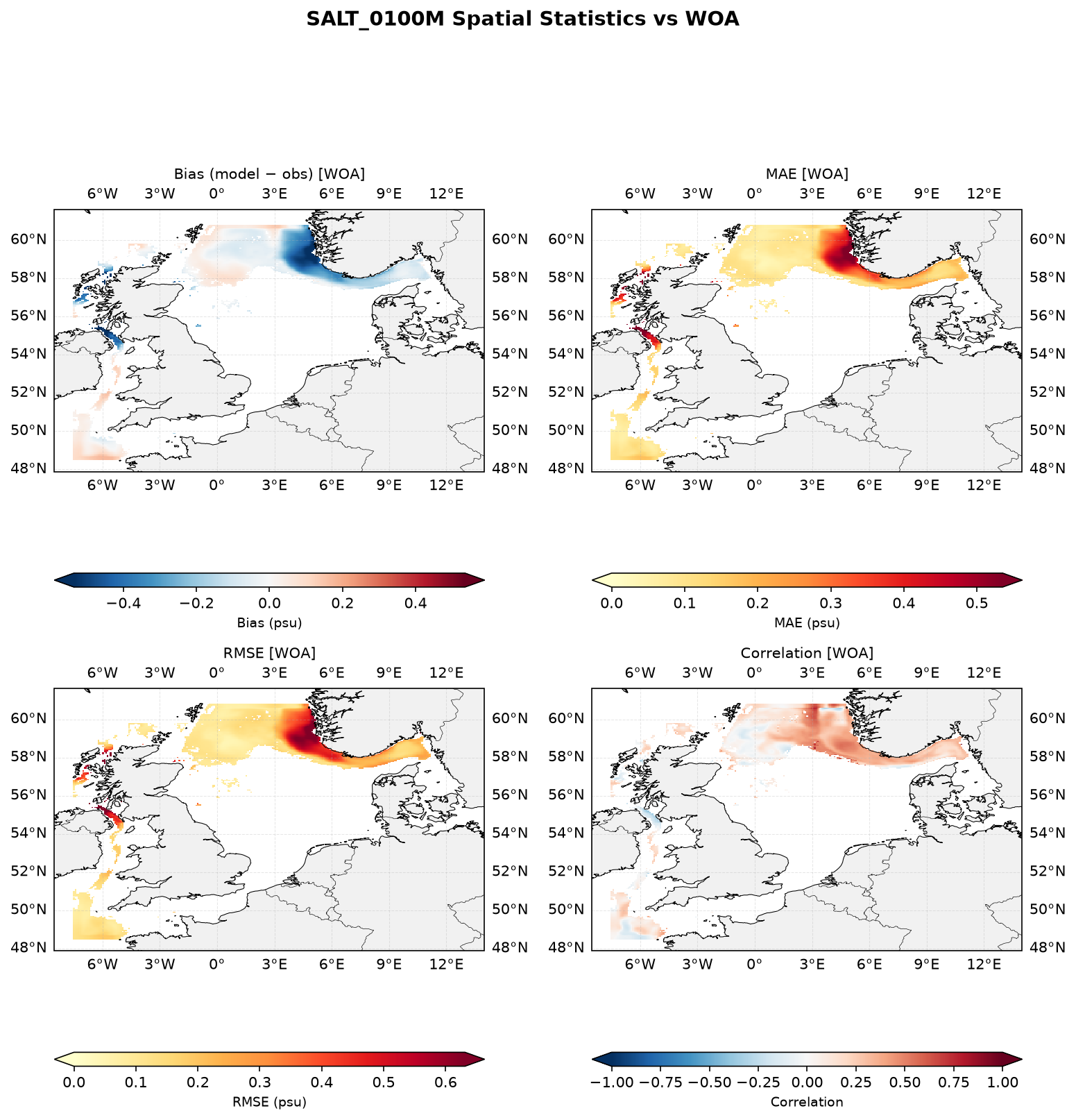 Salinity at 100 m depth — spatial distribution of statistics