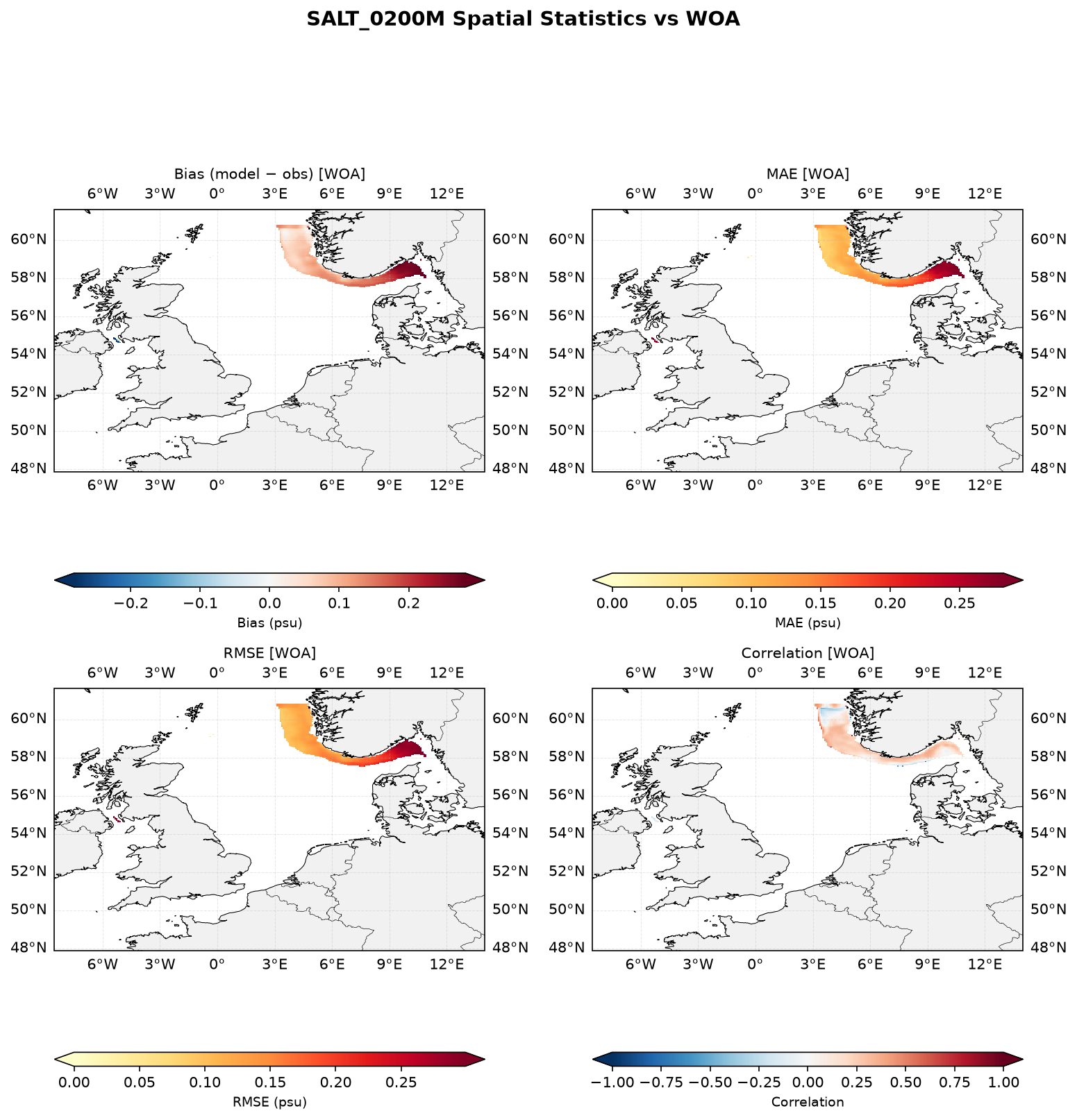 Salinity at 200 m depth — spatial distribution of statistics
