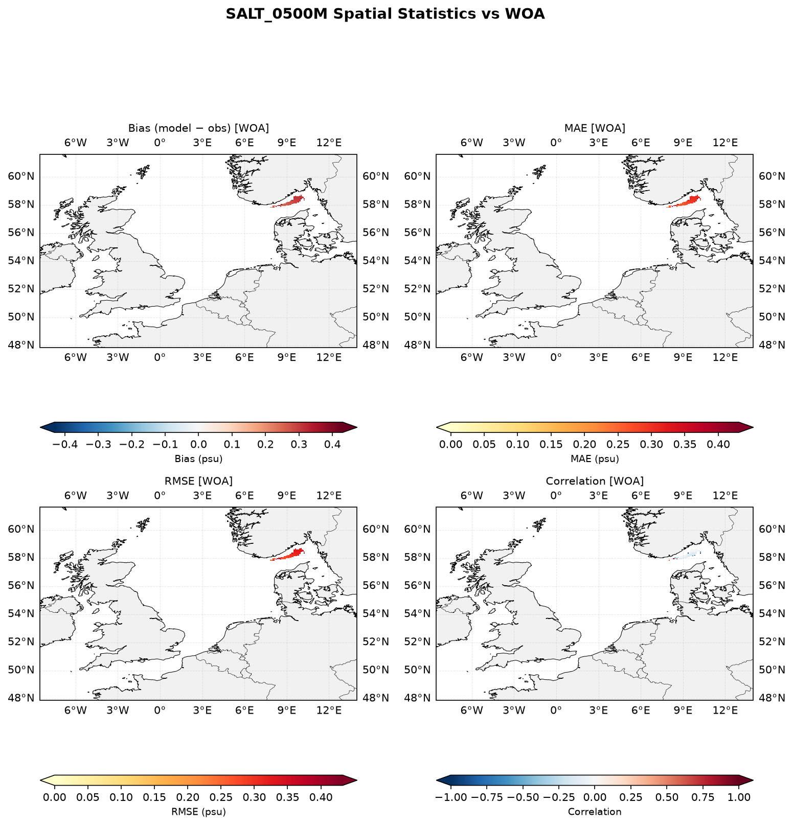 Salinity at 500 m depth — spatial distribution of statistics