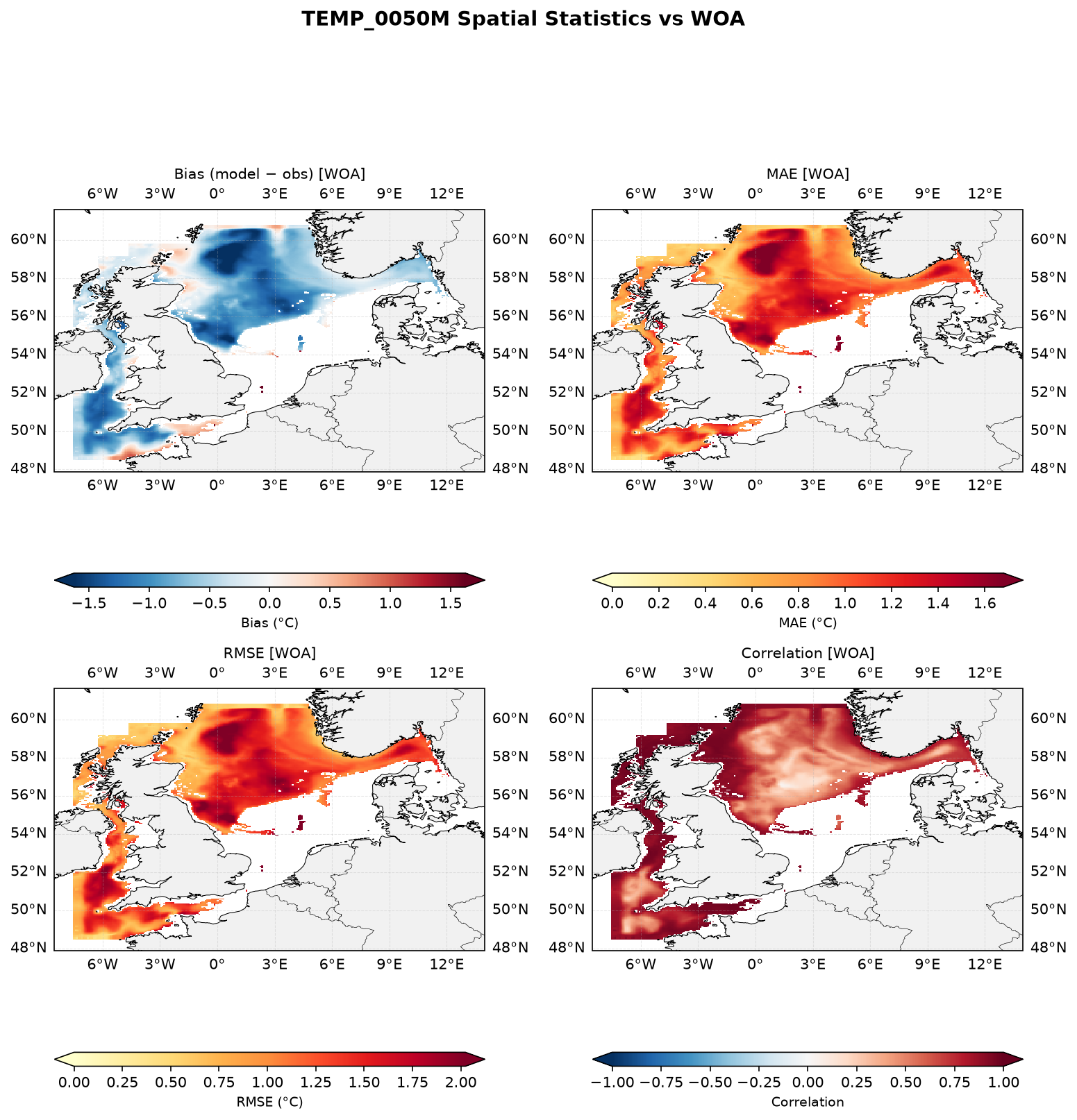 Temperature at 50 m depth — spatial distribution of statistics