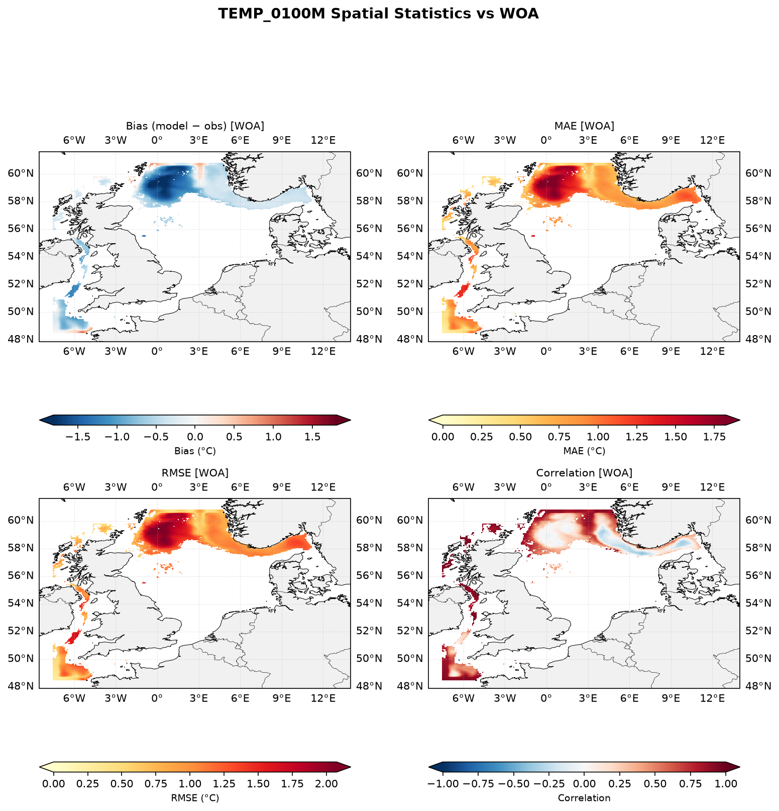 Temperature at 100 m depth — spatial distribution of statistics