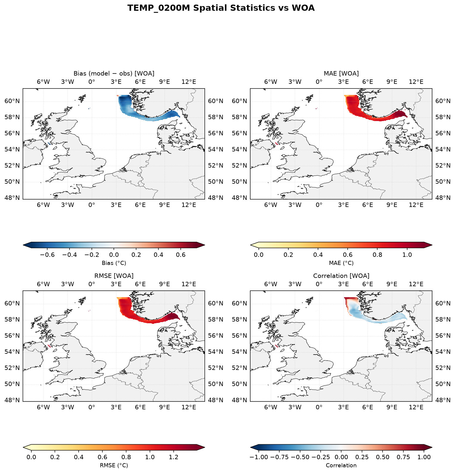Temperature at 200 m depth — spatial distribution of statistics