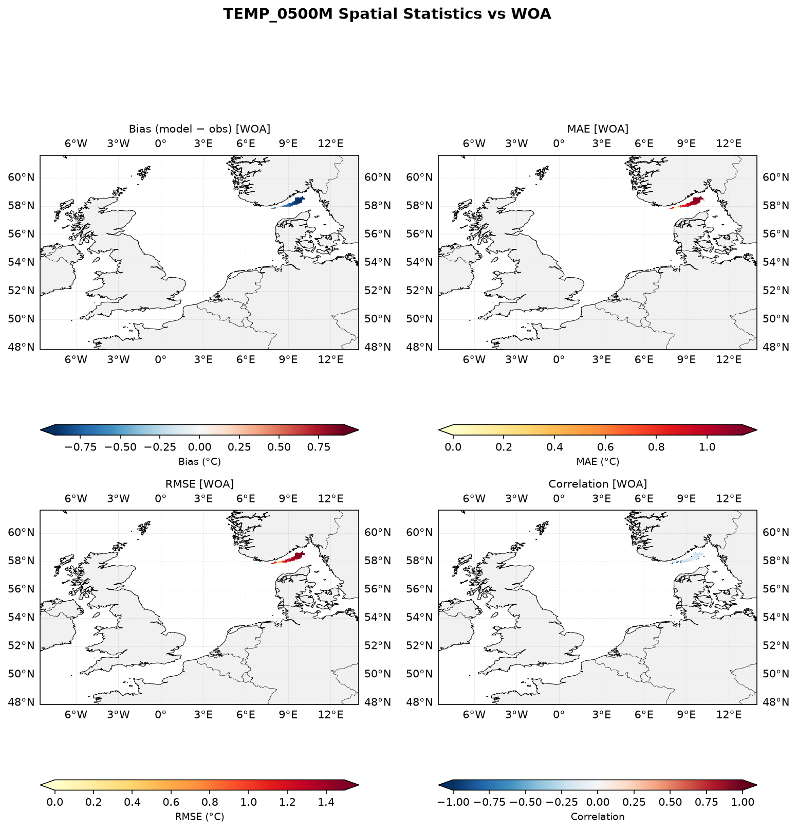 Temperature at 500 m depth — spatial distribution of statistics