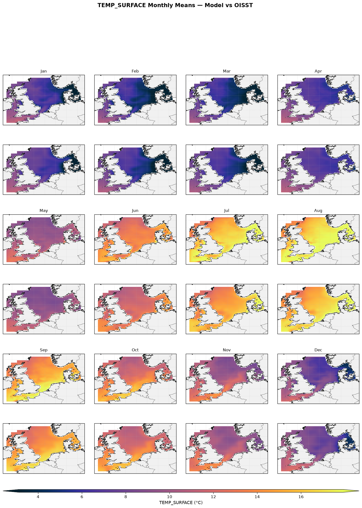 Temperature (surface) — OISST monthly maps